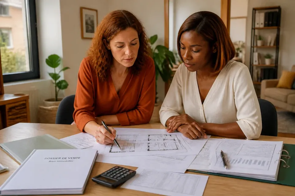 Deux femmes étudient un dossier immobilier avec plans, calculatrice et documents notariés sur une table lumineuse