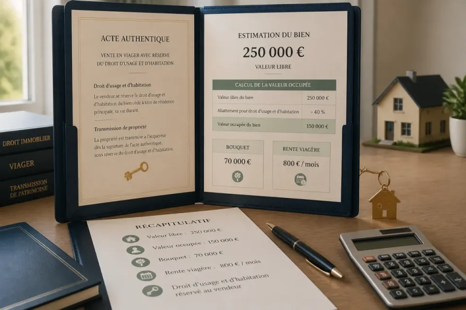 Dossier immobilier avec calcul de valeur occupée, bouquet, rente viagère et clé symbolisant la transmission de propriété