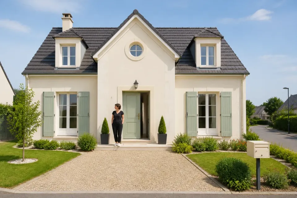 Maison individuelle vide et soignée, façade lumineuse, jardin calme, femme discrète près de l’entrée, quartier résidentiel paisible