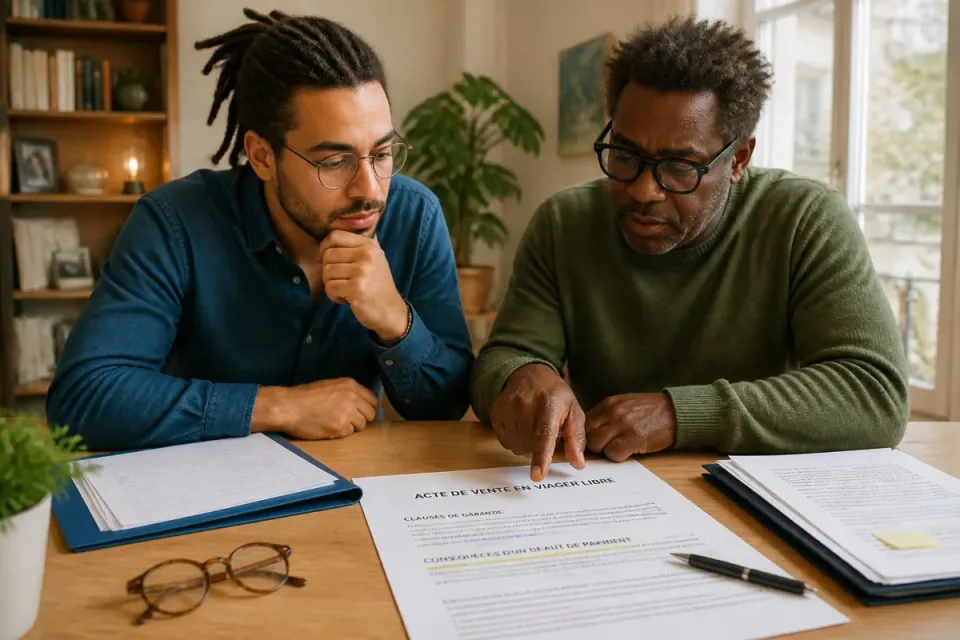Deux hommes relisent un acte de vente en viager libre, dans un appartement lumineux et serein