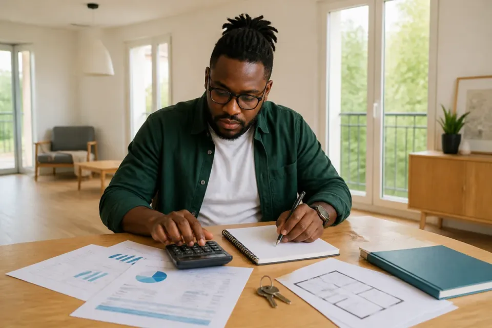 Jeune homme examinant des calculs de viager libre dans un logement vide, avec clés et documents immobiliers