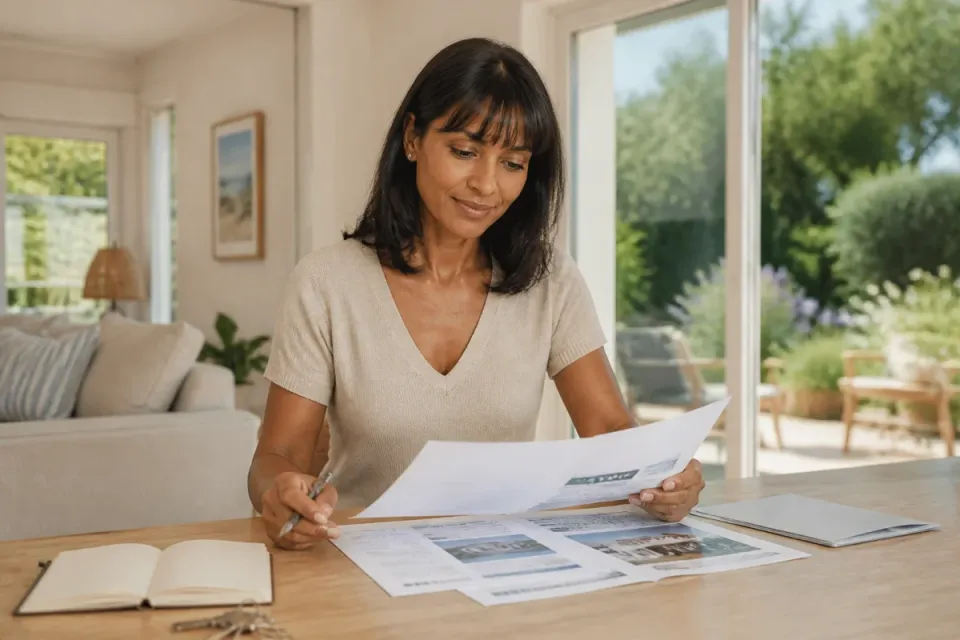 Femme souriante consultant des documents immobiliers et des clés, dans une résidence secondaire lumineuse, pour un viager libre