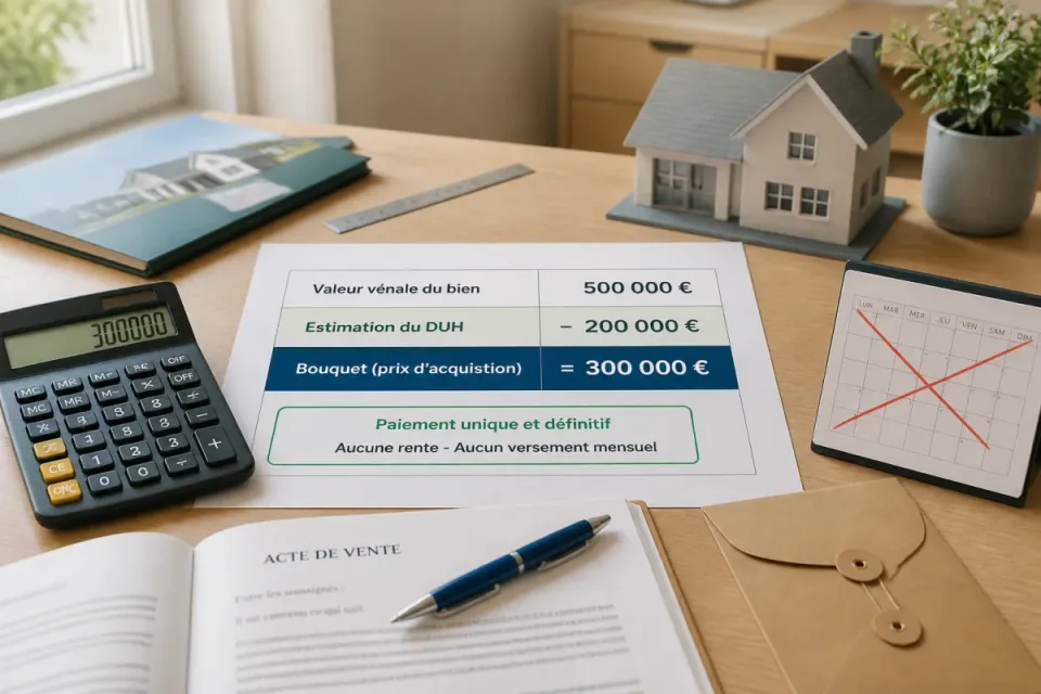 Table de calcul immobilier avec valeur vénale, déduction du DUH et bouquet unique, accompagnée d’une calculatrice et d’un acte de vente