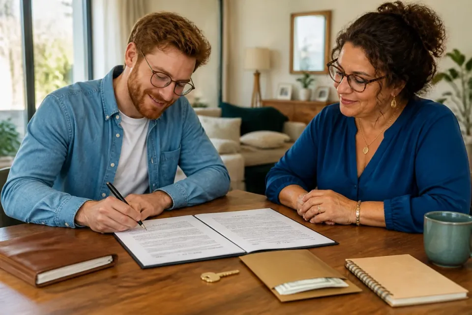 Signature d’une vente en viager sans rente, avec contrat notarié, clé et vendeur conservant l’usage du logement.